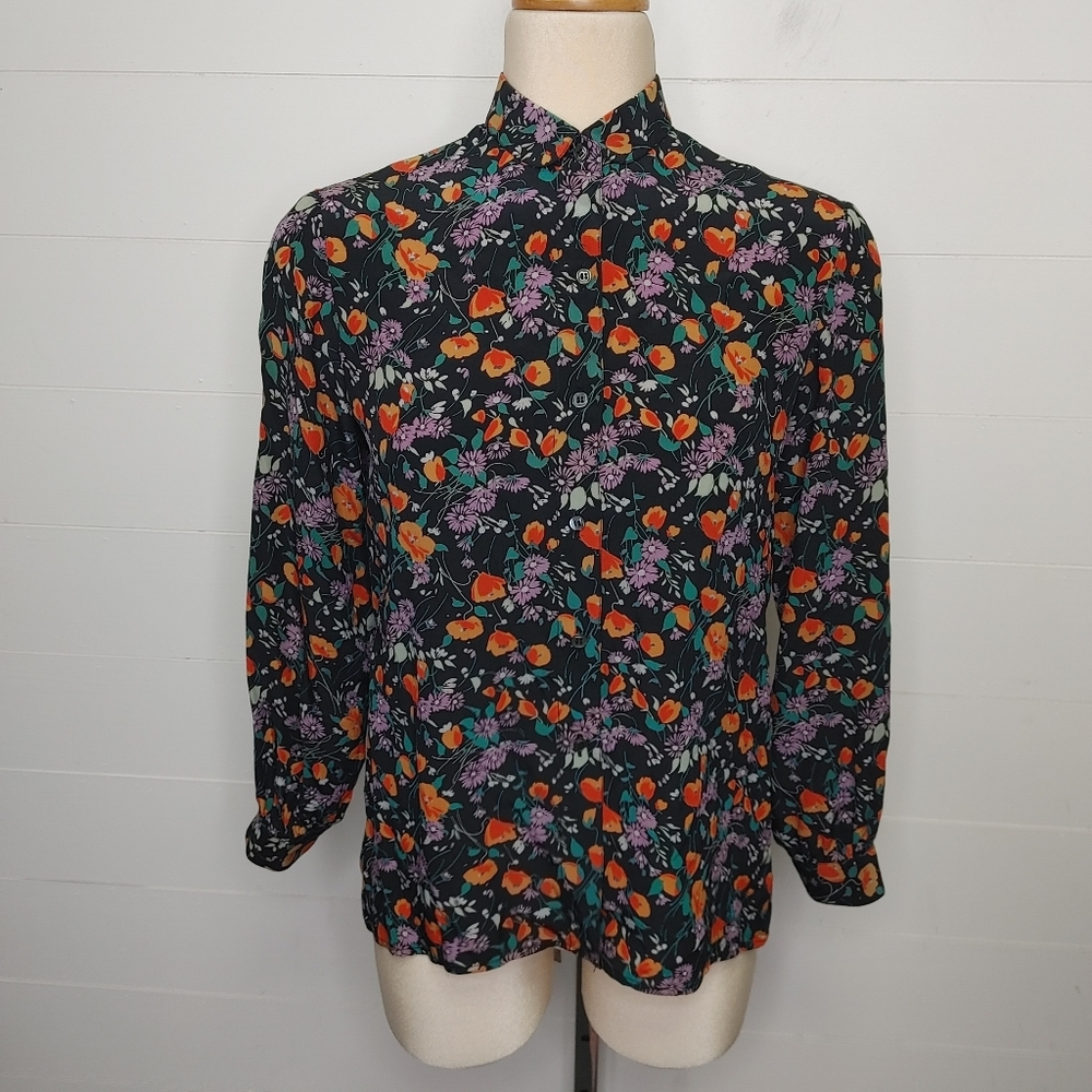 Vintage 100% silk Multicolor Floral Button Down Shirt